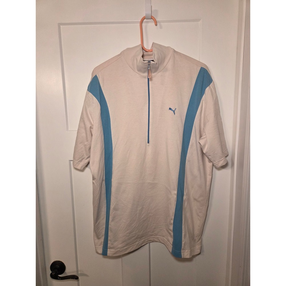 Puma Mens XXL Quarter Zip Short Sleeve Pullover Shirt Cream Blue Mock Neck Logo